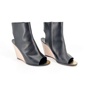 Chanel Black Leather Peep Toe CC Wedge Heel Ankle Booties Shoes Size 39 US 8–8.5